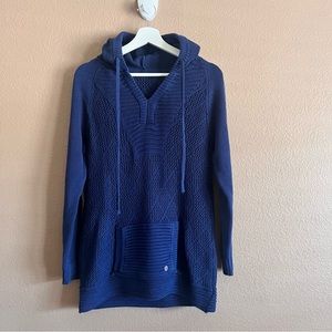 Prana Blue V-Neck Hoodie Sweater with Front Pocket Size Small